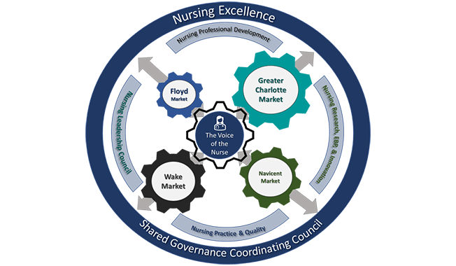 A diagram that reads Nursing Excellence Shared Governance Coordinating Council.