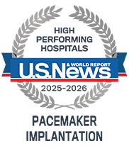 Ranked as a high performing hospital in pacemaker implantation for 2025 and 2026 by U. S. News and World Report.