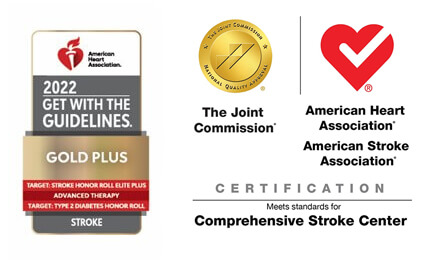Two badges side by side: Left 2022 Stroke American Heart Association and Right: The Joint Commission American Heart Association 