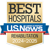 A gold badge with a blue ribbon representing Best Hospitals in Rehabilitation for 2024-2025.