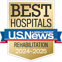 A gold badge with a blue ribbon representing Best Hospitals in Rehabilitation for 2024-2025.