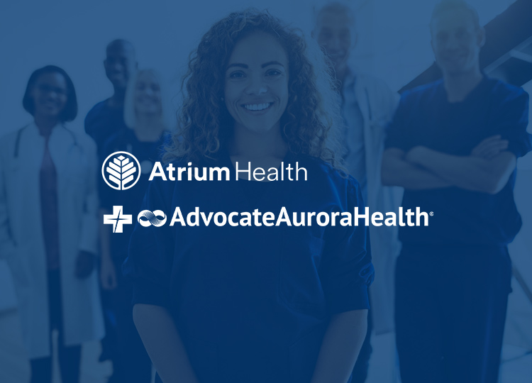 People standing behind logos for Atrium Health and Advocate Aurora Health.