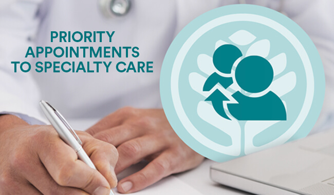 Patient filling out a referral form for a priority appointment to a specialty care provider.