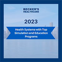 A blue badge given to recognize health systems with top simulation and education programs in 2023.