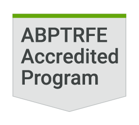 A gray badge with a green stripe at the top recognizing an ABPTRFE Accredited Program.