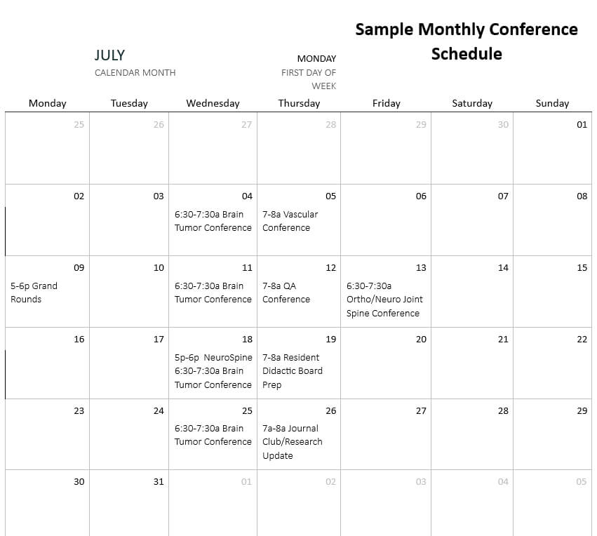 Schedule of Atrium Health neurological Surgery Residency conferences.