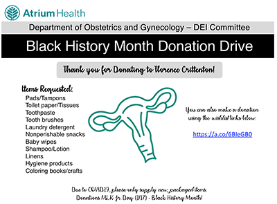 Promotion and information about the Black History Month Donation Drive.