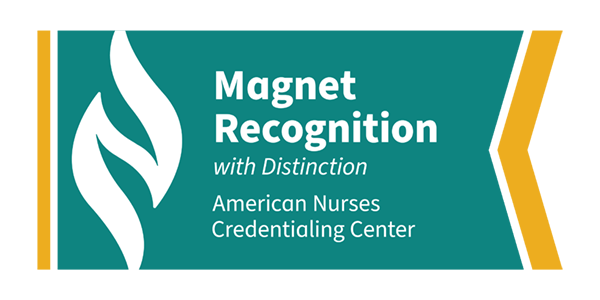 A yellow and teal badge graphic for "Magnet Recognition with Distinction" from the American Nurses Credentialing Center.