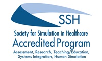 A blue logo for the Society of Simulation in Healthcare recognizing accredited programs in Assessment, research, teaching/education, systems integration and human simulation.