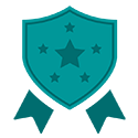 A teal ribbon badge with 4 small stars surrounding a large star in the middle of the graphic.