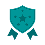 A teal ribbon badge with 4 small stars surrounding a large star in the middle of the graphic.