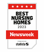 A red, white and black Newsweek badge that reads Best Nursing Homes 2023.