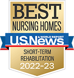 A gold badge that reads U.S. News & World Report Best Nursing Home Short-Term Rehabilitation 2022-23