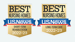 Two gold  U.S. News & World Report badges for long-term rehabilitation and short-term care.