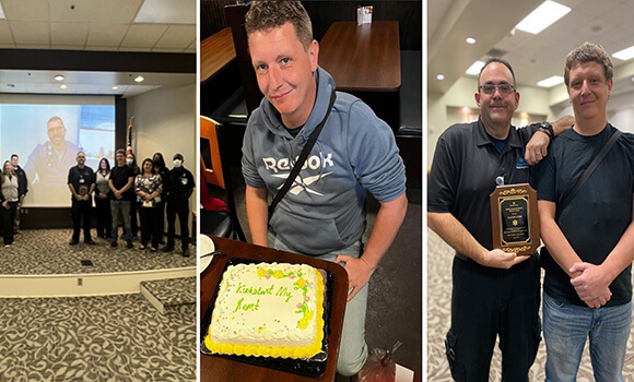 A collage of three images consisting of a group giving a speech in front of a large screen, a man in a blue sweatshirt sitting with a cake and two men smiling with an award plaque.