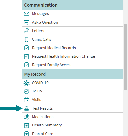 Arrow pointing to the Test Results menu item.