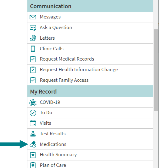 Arrow pointing to the Medications menu item. 