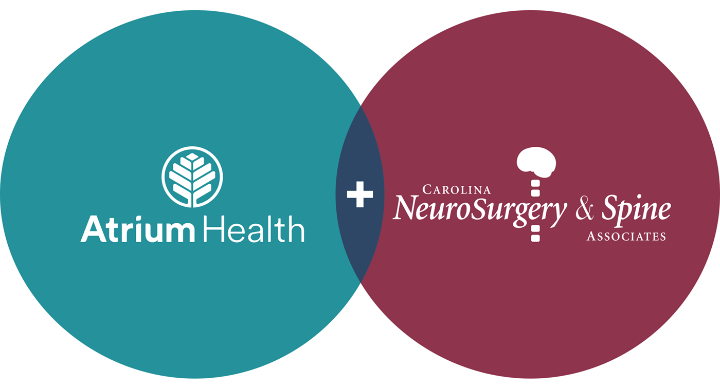 A graphic showing a maroon circle with a "Carolinas Neurosurgery & Spine" logo inside and a team circle with an "Atrium Health" logo inside.