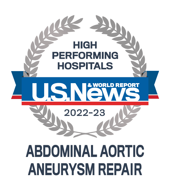 Ranked as one of the high performing hospitals for abdominal aortic aneurysm repair by U.S. News and World Report for 2022 and 2023.