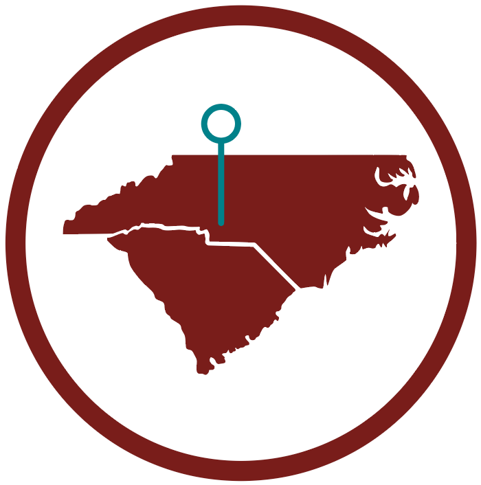 Silhouette of North and South Carolina, with pin marking the Charlotte area. 