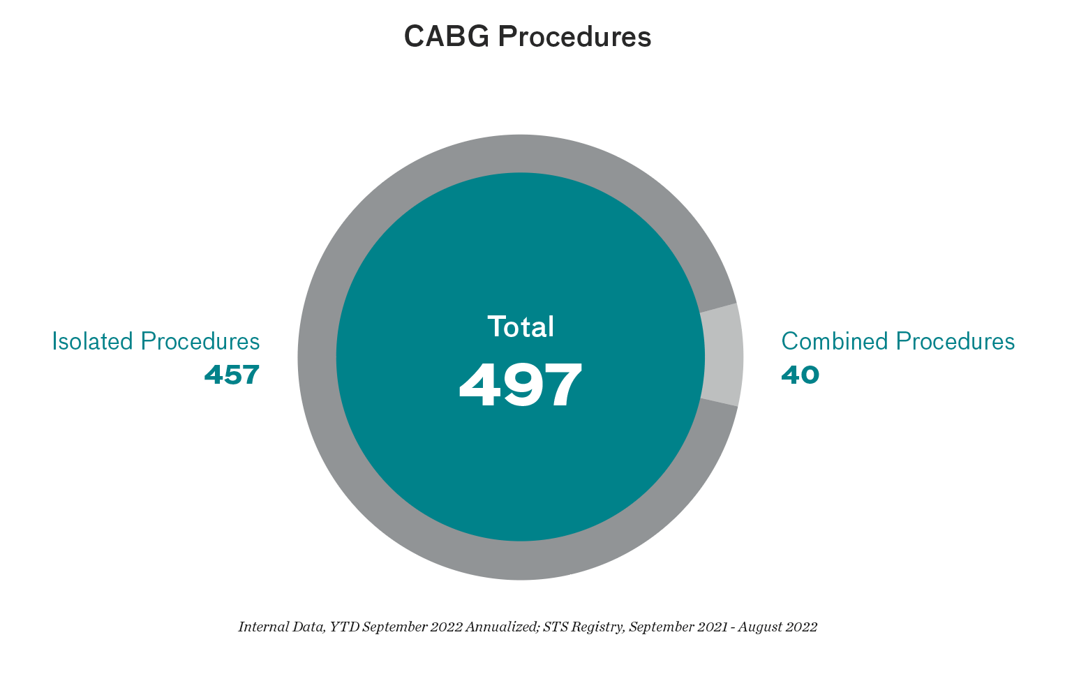 CABG Procedures - Total 497, including 459 isolated procedures and 40 combined procedures.  