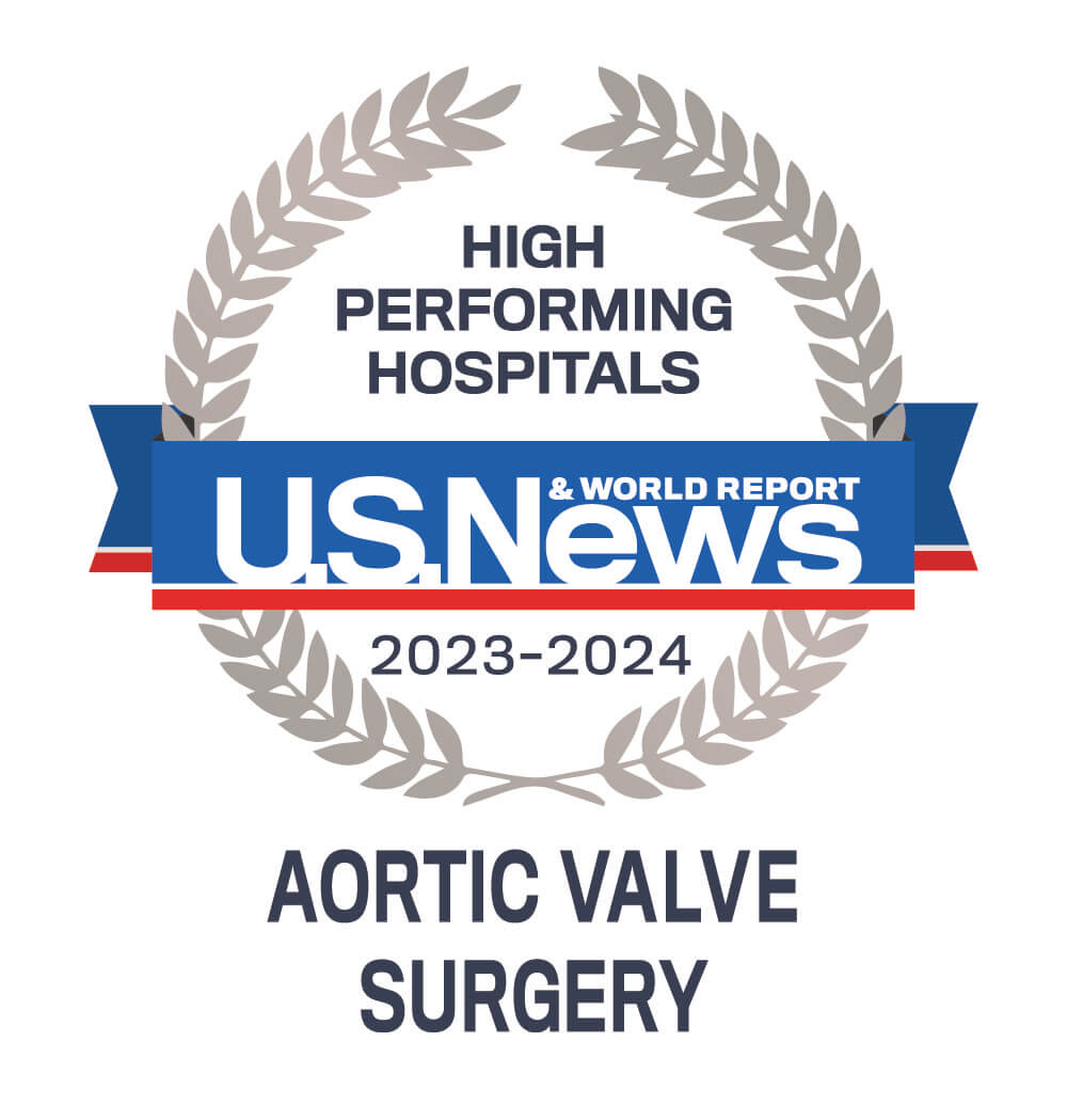 US News and World Report: High preforming hospitals in aortic valve surgery for 2023 and 2024, badge.