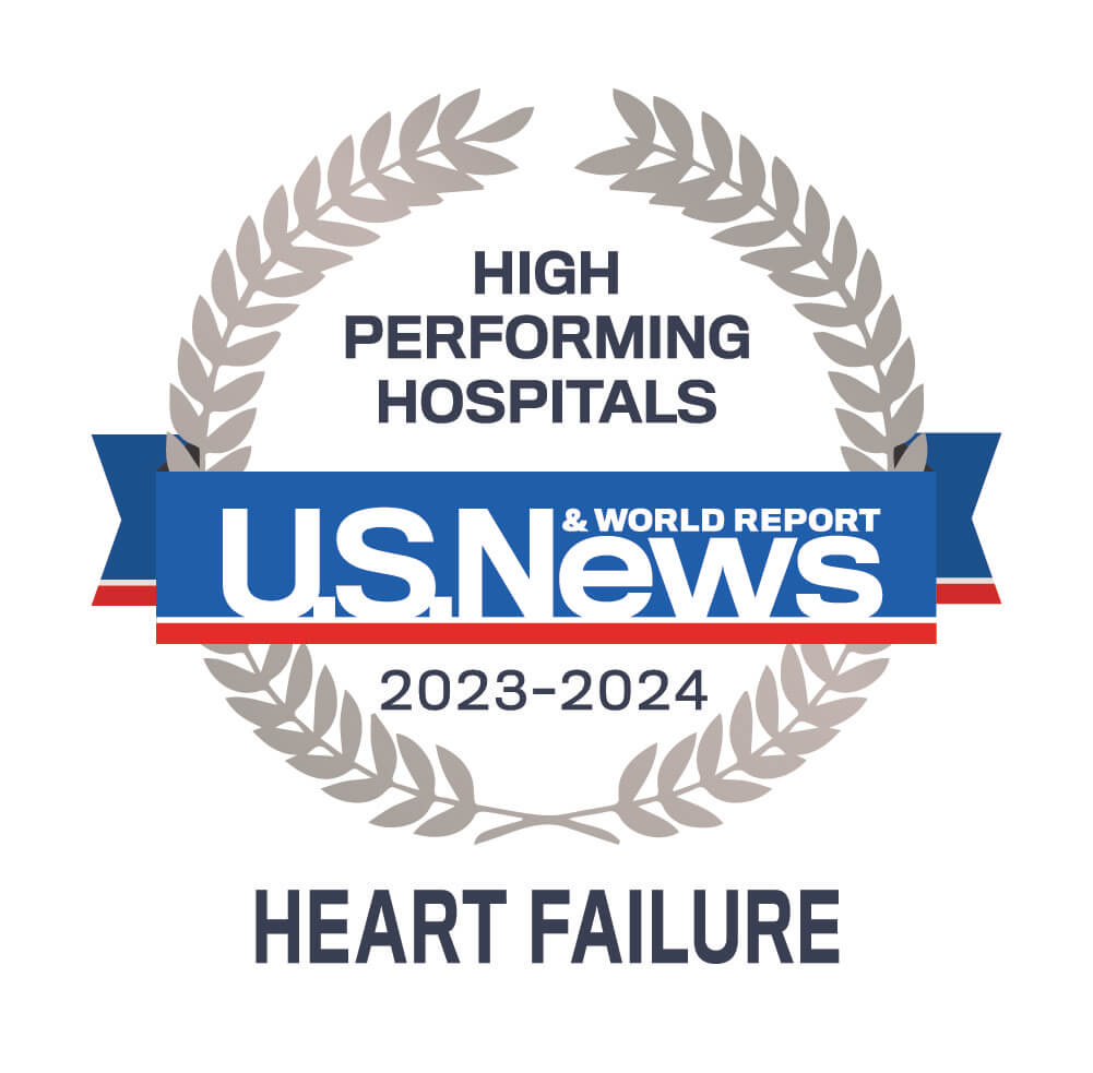 US News and World Report: High performing hospitals in heart failure care, badge.