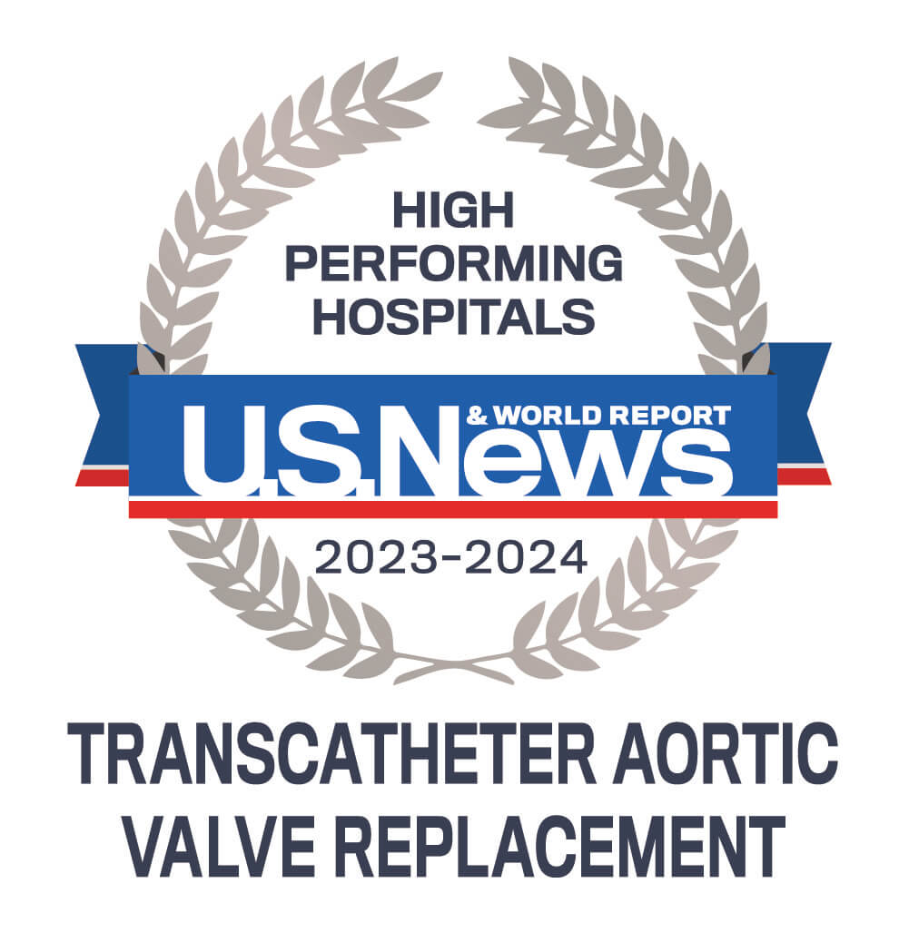 US News and World Report: High performing hospitals for Transcatheter aortic valve replacement care, badge.