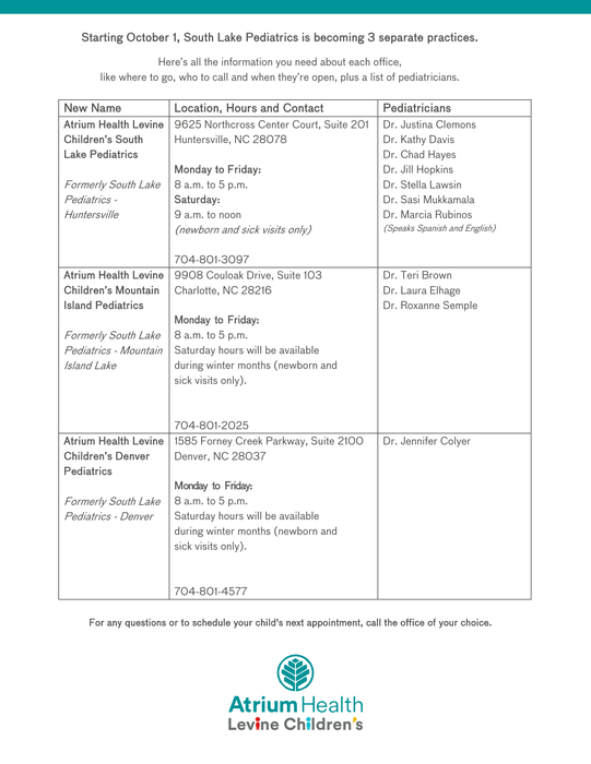 Starting October 1, three Atrium Health Levine Children’s South Lake Pediatrics locations will become separate practices: 