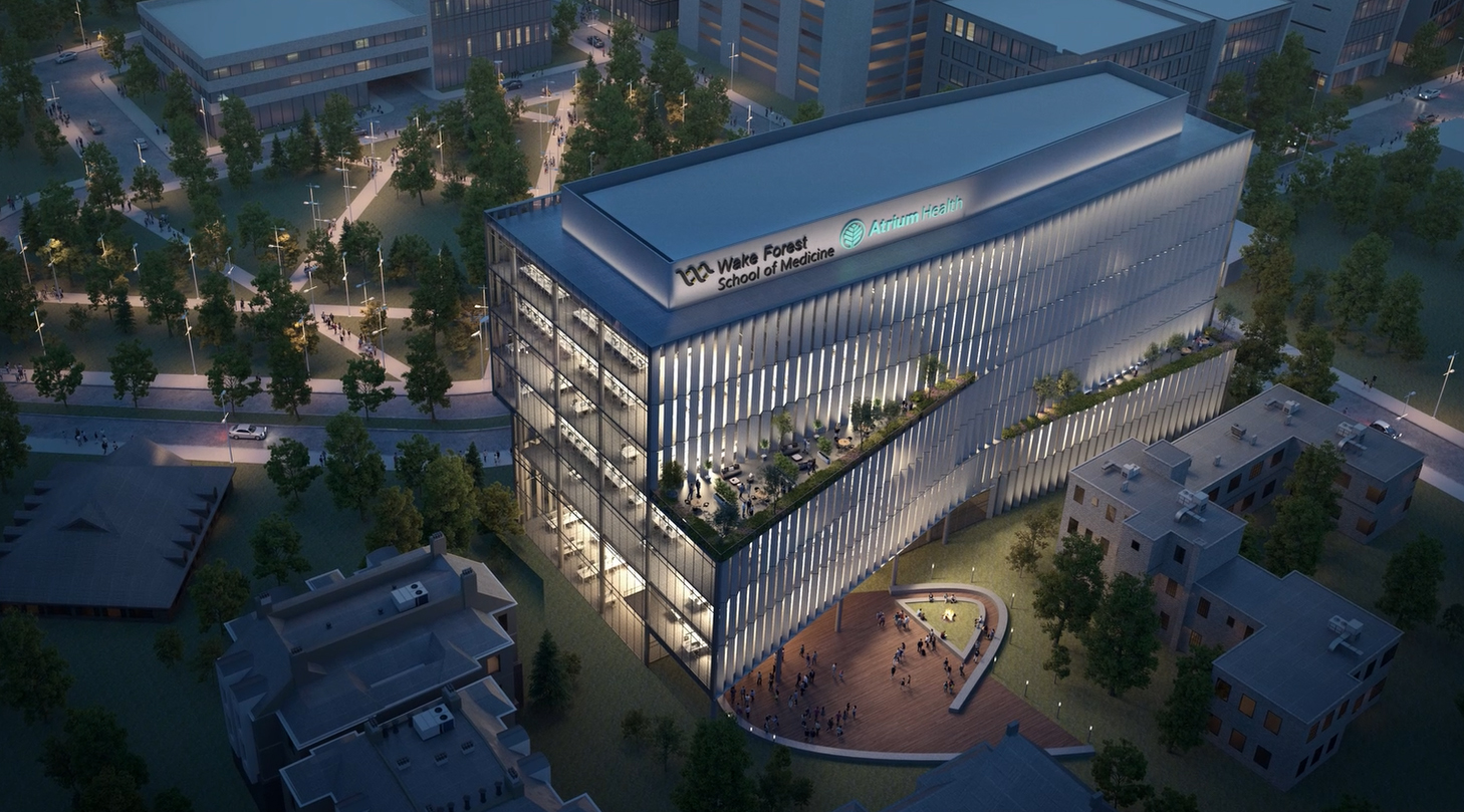 A preliminary concept rendering of the second Wake Forest School of Medicine campus in Charlotte, North Carolina, which would be part of a strategic combination between Charlotte-based Atrium Health and Wake Forest Baptist Health in Winston-Salem. 