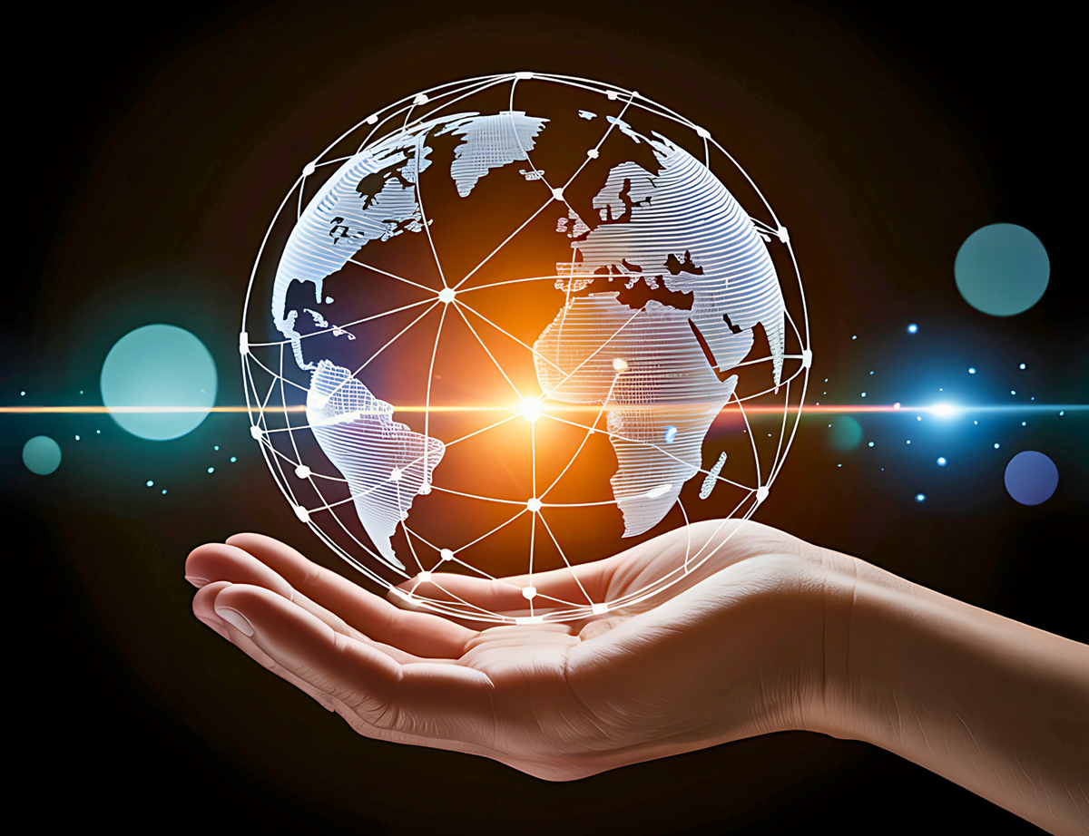 Futuristic vision of global networking and digital innovation, with a hand cradling a luminous, connected planet Earth
