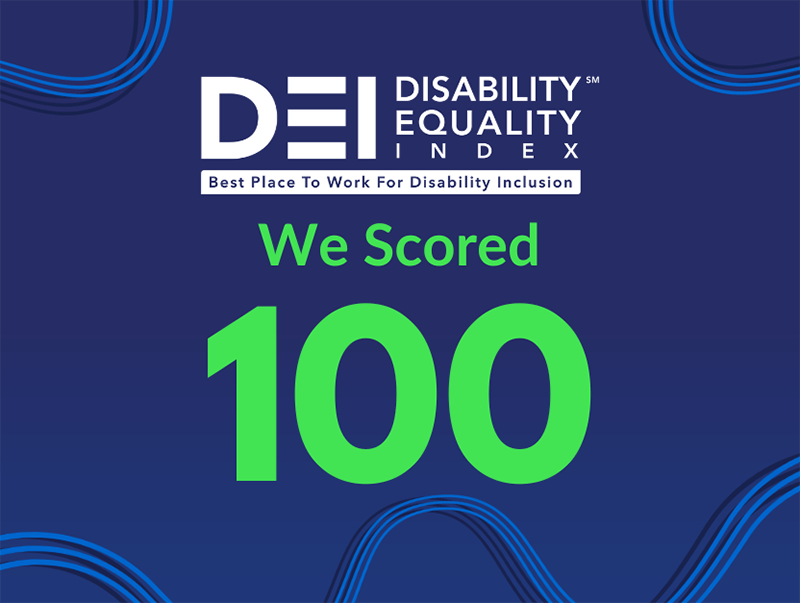 A blue background with white and green lettering that reads Disability Equality Index.