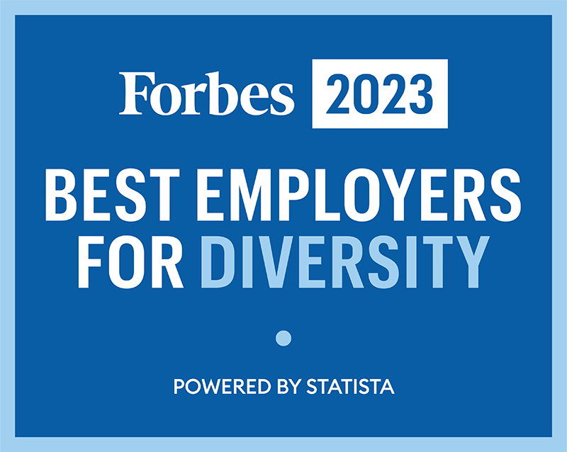 Blue logo that reads Forbes 2023 Best Employers for Diversity.