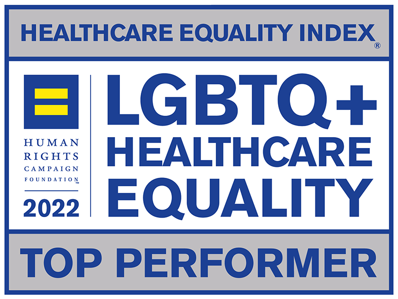 A logo that reads HealthCare Equality Index 2022 LGBTQ+ HealthCare Equality Top Performer.