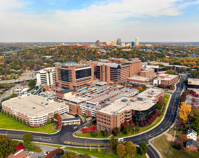 An aerial view of a medical center.