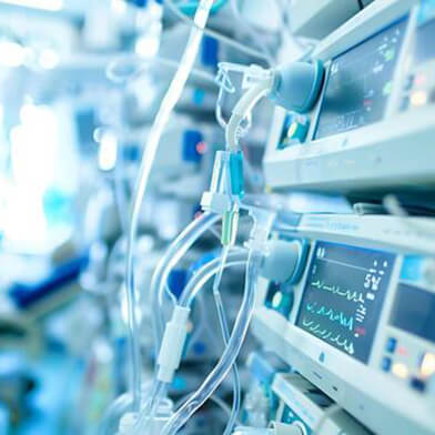 various medical devices and equipment next to a wall.