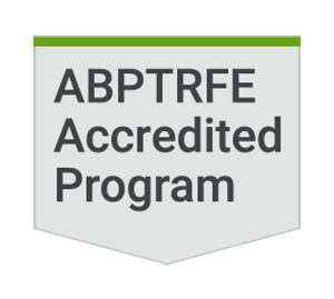 A grey badge with a green stripe that reads "ABPTRFE Accredited Program".