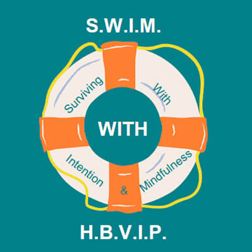 A graphic if a floatation device that reads "Swim with HBVIP".