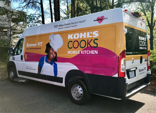 A white van with a graphic that reads Brenner FIT Kohl's Cooks Mobile Kitchen.