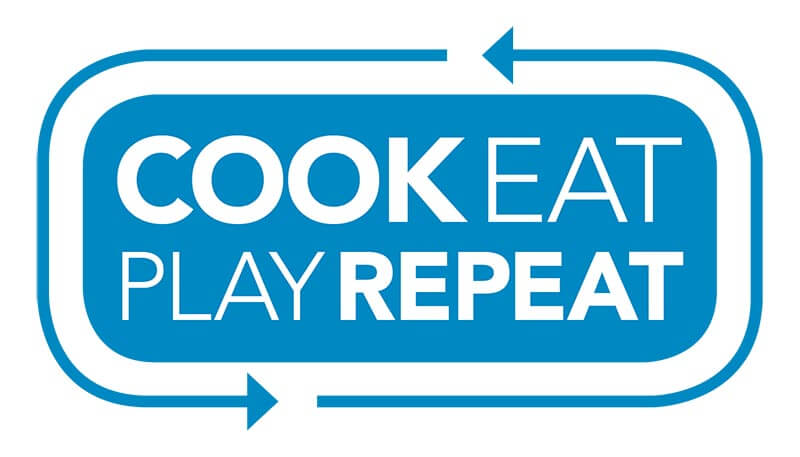 Blue oval and arrows with white lettering that reads cook, eat, play repeat.