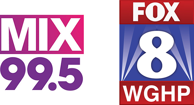 Two logos side by side: On the left, 'Mix 99.5' is in shades of pink and purple; on the right, 'Fox' and 'WGHP' are in white letters on red bars across the top and bottom, respectively, and the middle section is a blue background with a white '8'
