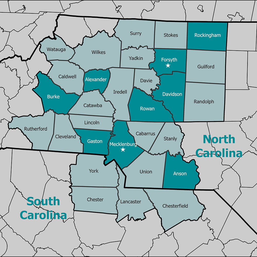 A list of different counties in North Carolina and South Carolina.