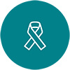 Teal circle with an outline drawing of a ribbon in the middle.