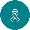 Teal circle with an outline drawing of a ribbon in the middle.