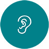 Teal circle with an outline drawing of an ear.