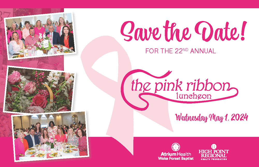 A pink and white graphic for the Pink Ribbon encouraging others to save the date.
