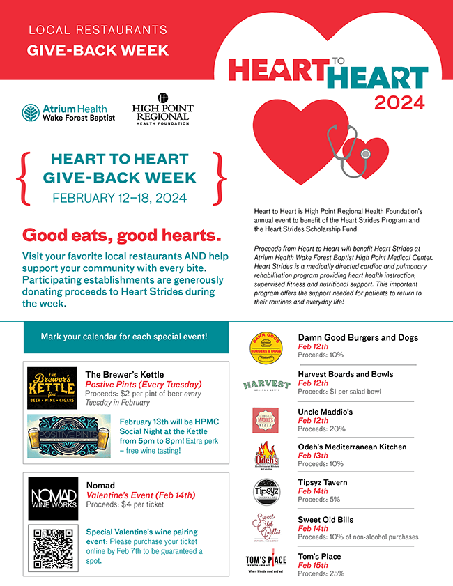 A flyer with a list of restaurants and information about the Heart to Heart Give Back Week.