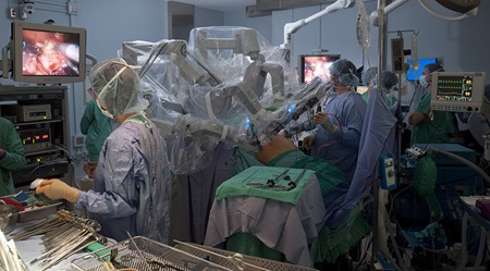 Surgery being performed in operating room.