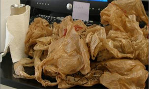 Grocery bags were used as packing material.