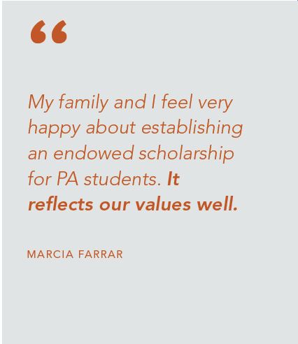 Marcia Farrar's quote on helping PA students. 
